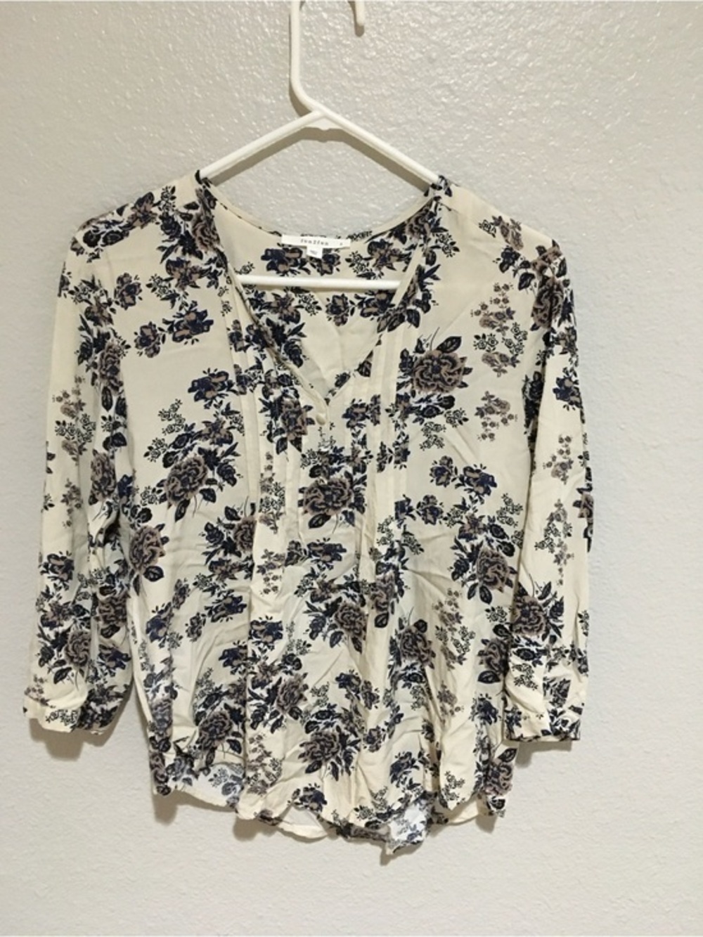 fun 2 fun Cream Floral V-Neck Blouse with Blue and Brown Print